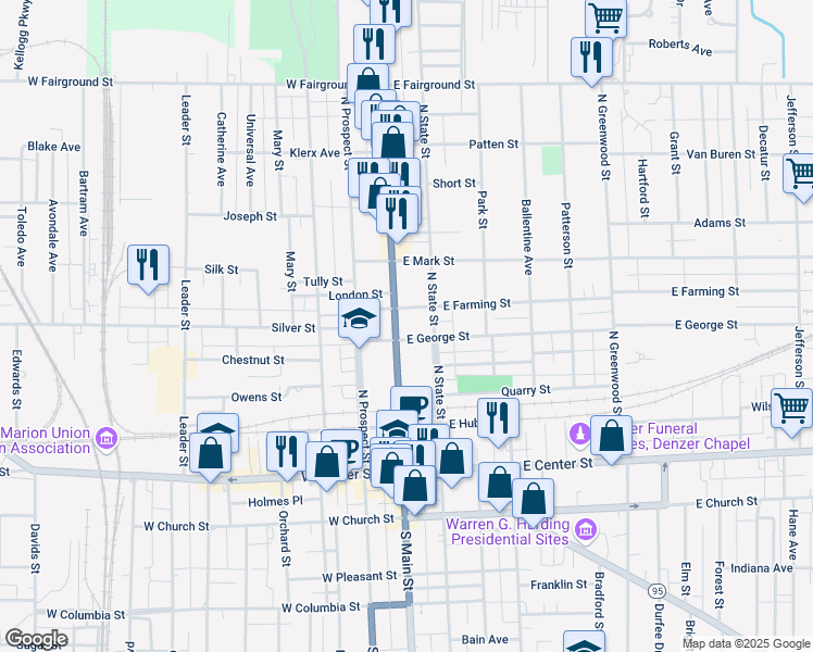 map of restaurants, bars, coffee shops, grocery stores, and more near 310 North Main Street in Marion