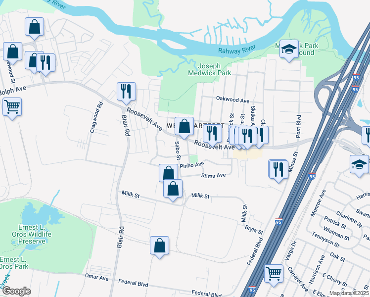 map of restaurants, bars, coffee shops, grocery stores, and more near 47 Orchard Street in Carteret