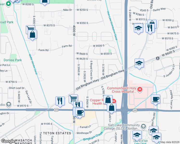 map of restaurants, bars, coffee shops, grocery stores, and more near 3890 Stardust Circle in West Jordan