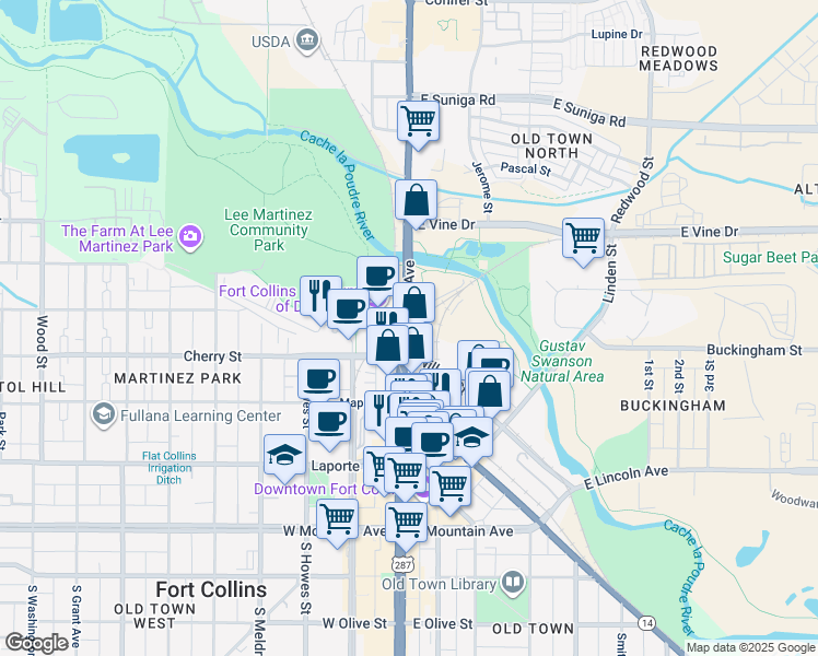 map of restaurants, bars, coffee shops, grocery stores, and more near 430 North College Avenue in Fort Collins