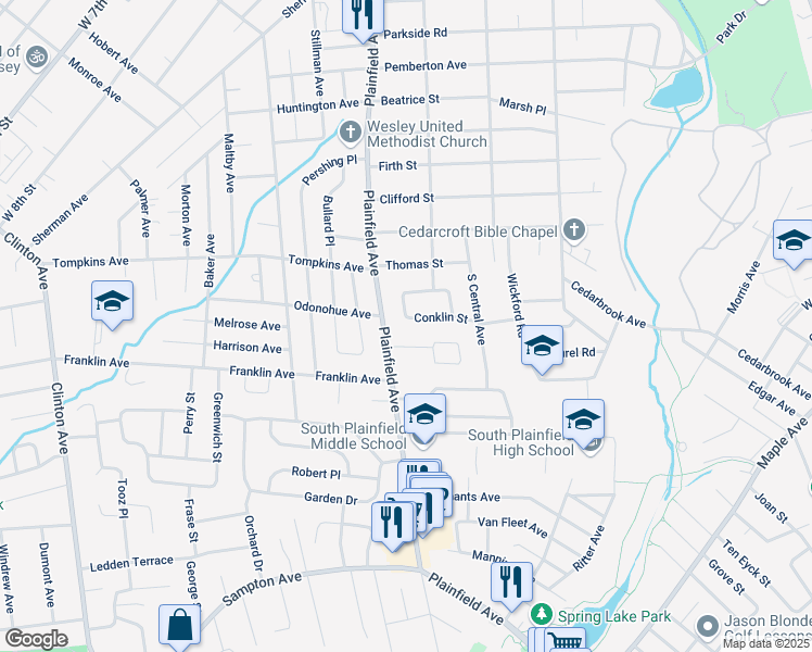 map of restaurants, bars, coffee shops, grocery stores, and more near 100 Conklin Street in South Plainfield