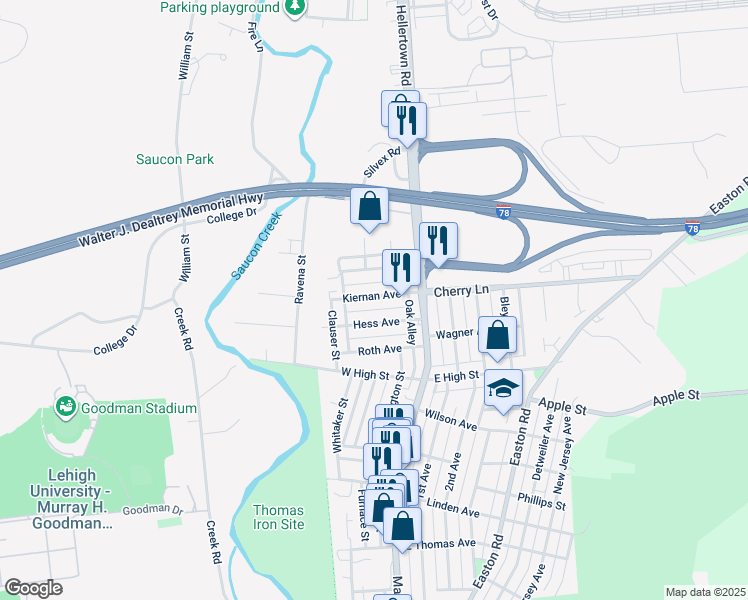 map of restaurants, bars, coffee shops, grocery stores, and more near 58 Kiernan Avenue in Hellertown