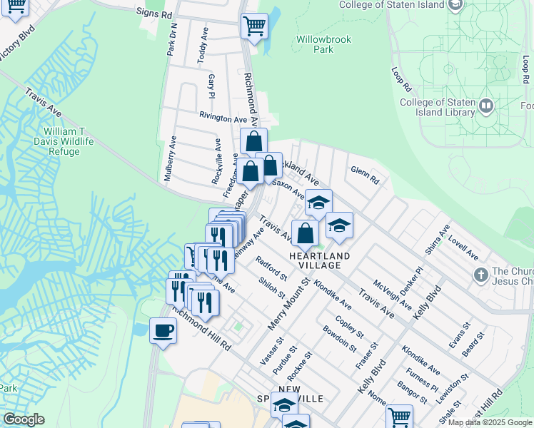 map of restaurants, bars, coffee shops, grocery stores, and more near 170 Steinway Avenue in Staten Island
