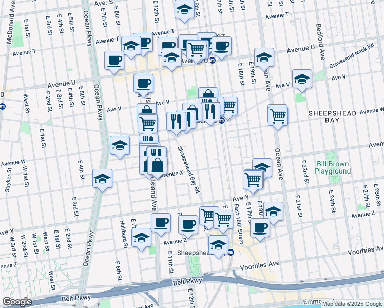 map of restaurants, bars, coffee shops, grocery stores, and more near 2340 East 13th Street in Brooklyn