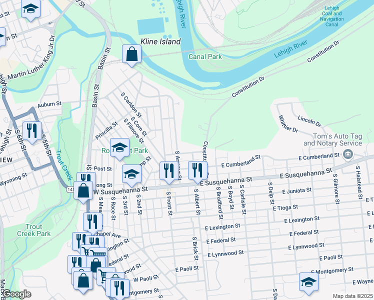 map of restaurants, bars, coffee shops, grocery stores, and more near 45 East Wyoming Street in Allentown