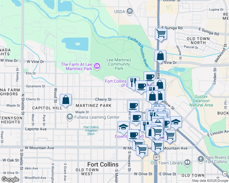 map of restaurants, bars, coffee shops, grocery stores, and more near 419 North Meldrum Street in Fort Collins