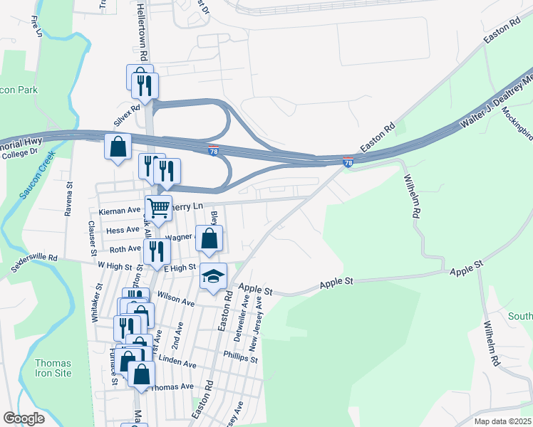 map of restaurants, bars, coffee shops, grocery stores, and more near 1600 Oakridge Lane in Bethlehem