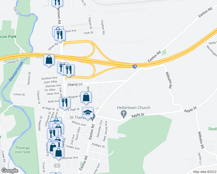 map of restaurants, bars, coffee shops, grocery stores, and more near 1600 Oakridge Lane in Hellertown
