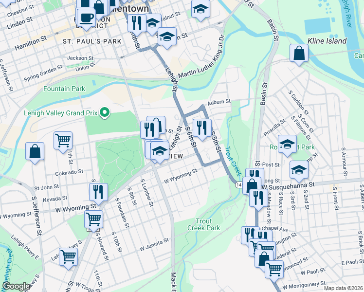 map of restaurants, bars, coffee shops, grocery stores, and more near 626 Cleveland Street in Allentown