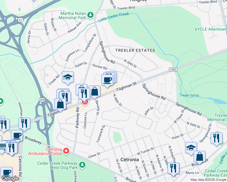 map of restaurants, bars, coffee shops, grocery stores, and more near Tilghman Street in Allentown