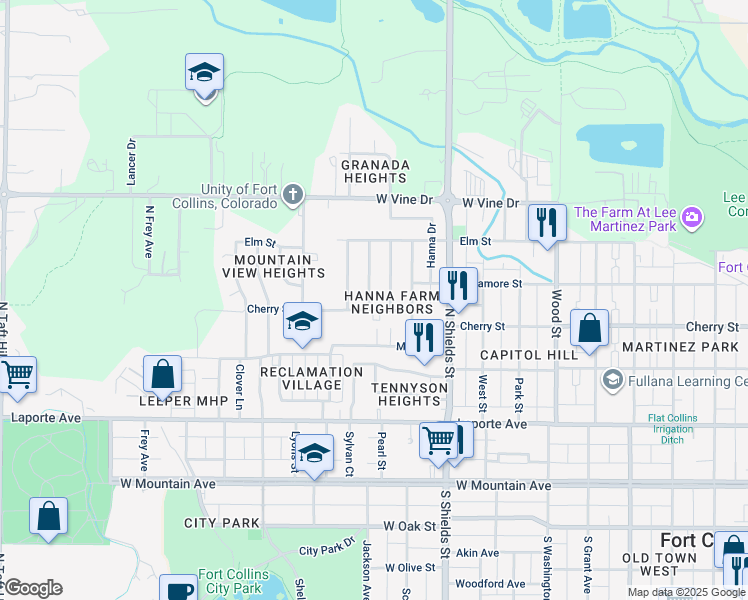 map of restaurants, bars, coffee shops, grocery stores, and more near 402 Tedmon Drive in Fort Collins