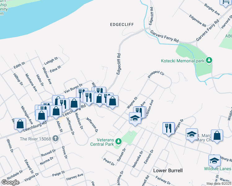 map of restaurants, bars, coffee shops, grocery stores, and more near 127 MacBeth Drive in New Kensington
