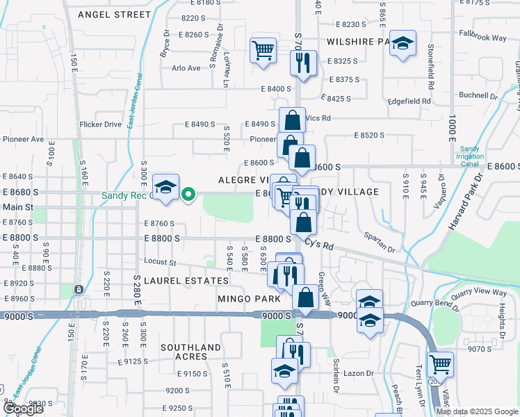 map of restaurants, bars, coffee shops, grocery stores, and more near 8732 South 620 East in Sandy