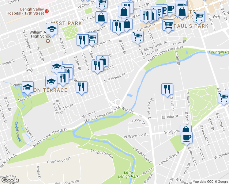 map of restaurants, bars, coffee shops, grocery stores, and more near 405 S Franklin St in Allentown