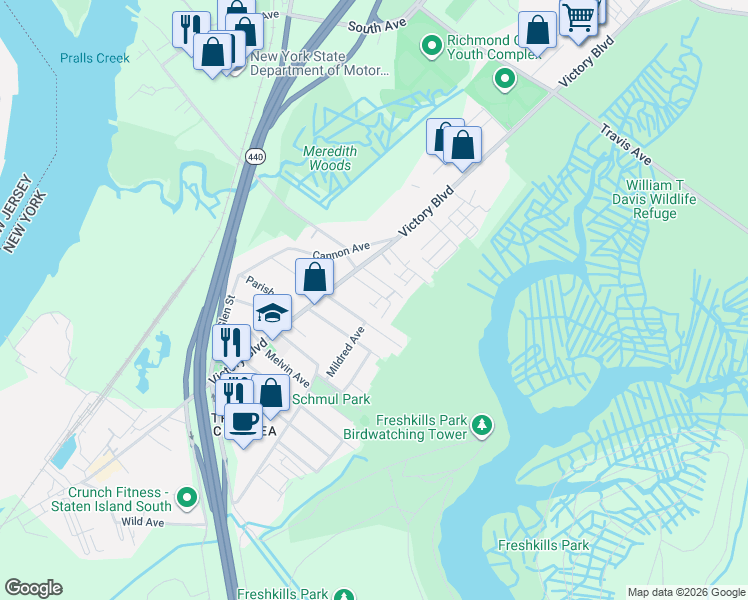 map of restaurants, bars, coffee shops, grocery stores, and more near 50 Church Avenue in Staten Island