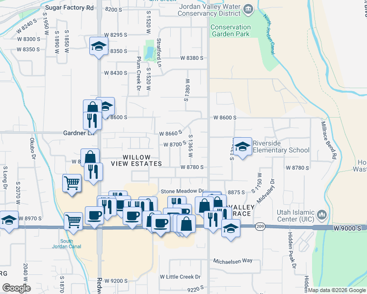 map of restaurants, bars, coffee shops, grocery stores, and more near 8709 S 1405 W in West Jordan
