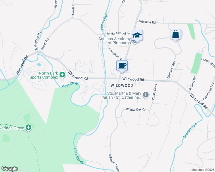 map of restaurants, bars, coffee shops, grocery stores, and more near 2400 Wildwood Road in Hampton Township