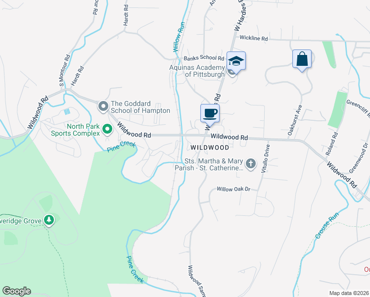 map of restaurants, bars, coffee shops, grocery stores, and more near 2400 Wildwood Road in Hampton Township