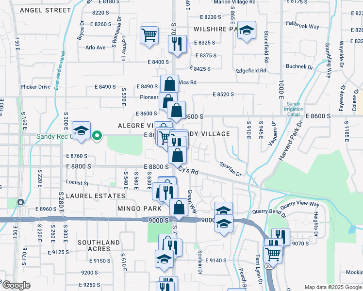 map of restaurants, bars, coffee shops, grocery stores, and more near 8725 South 700 East in Sandy