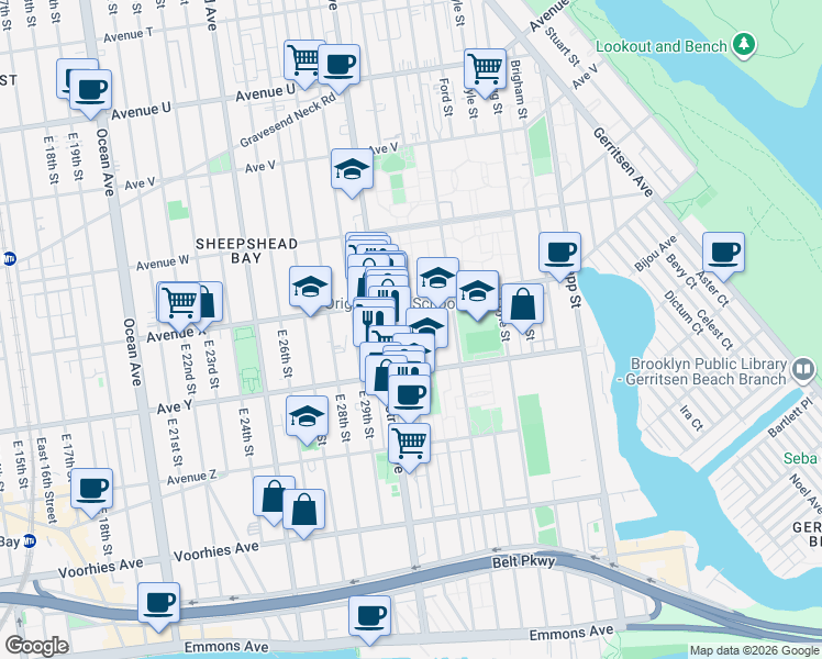 map of restaurants, bars, coffee shops, grocery stores, and more near 2435 Haring Street in Brooklyn