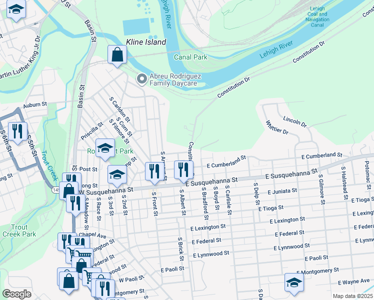map of restaurants, bars, coffee shops, grocery stores, and more near 121 East Wyoming Street in Allentown