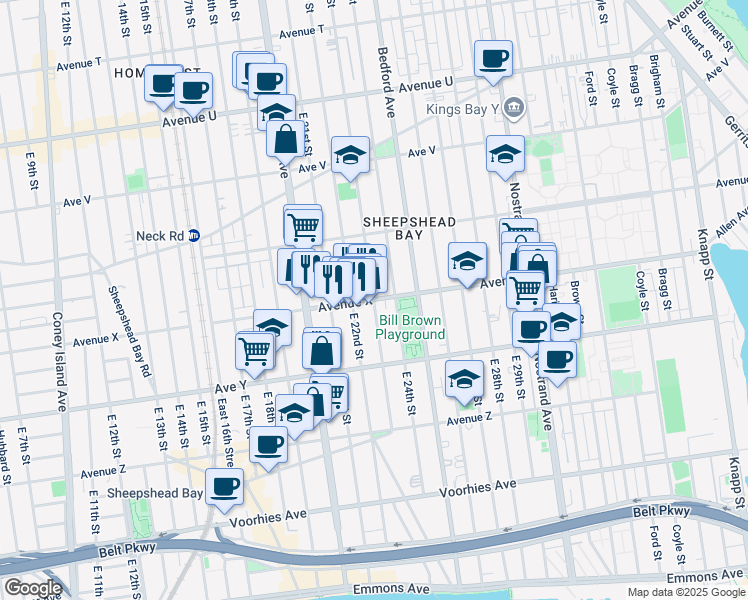 map of restaurants, bars, coffee shops, grocery stores, and more near E 23rd St & Avenue X in Brooklyn