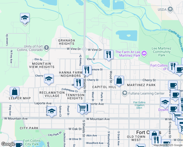 map of restaurants, bars, coffee shops, grocery stores, and more near 1100 Beech Street in Fort Collins