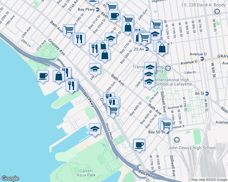 map of restaurants, bars, coffee shops, grocery stores, and more near 228 Bay 40th Street in Brooklyn