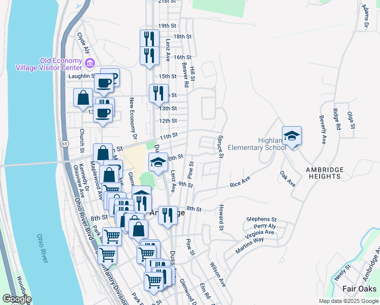 map of restaurants, bars, coffee shops, grocery stores, and more near 1004 Beaver Road in Ambridge