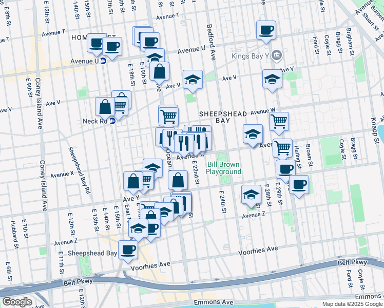 map of restaurants, bars, coffee shops, grocery stores, and more near 2123 Avenue X in Brooklyn