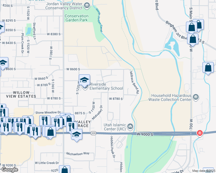 map of restaurants, bars, coffee shops, grocery stores, and more near 8713 Mountain Meadow Drive in West Jordan