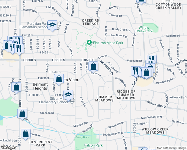 map of restaurants, bars, coffee shops, grocery stores, and more near 1818 Glider Lane in Sandy