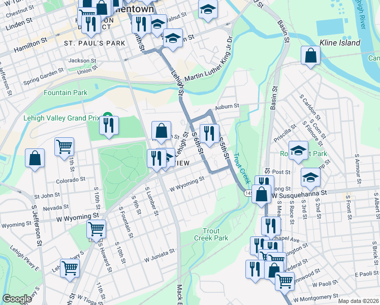 map of restaurants, bars, coffee shops, grocery stores, and more near 626 Cleveland Street in Allentown