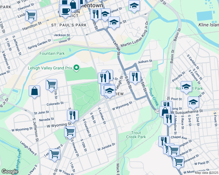 map of restaurants, bars, coffee shops, grocery stores, and more near 743 South Hall Street in Allentown