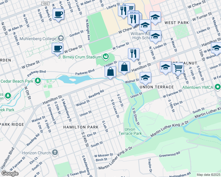 map of restaurants, bars, coffee shops, grocery stores, and more near 2122 Reading Road in Allentown