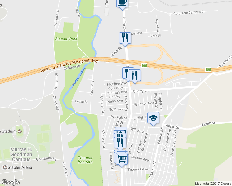 map of restaurants, bars, coffee shops, grocery stores, and more near 50 Kiernan Avenue in Hellertown