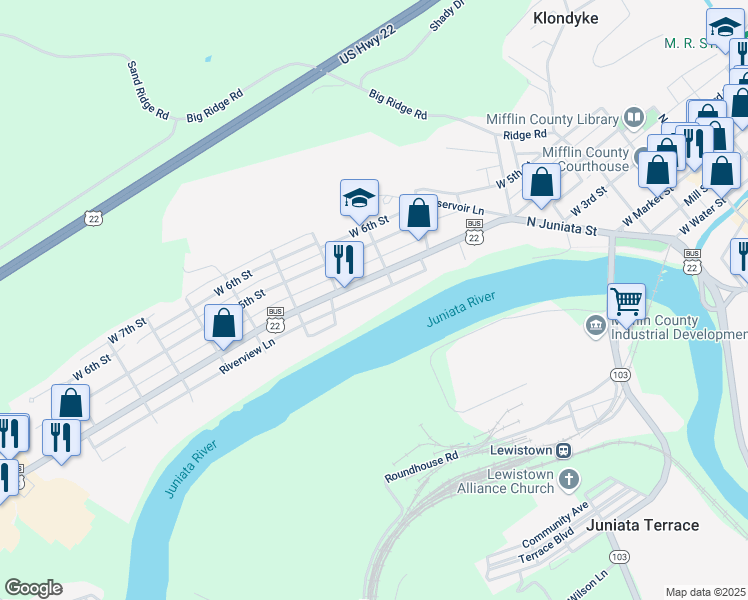 map of restaurants, bars, coffee shops, grocery stores, and more near 509 Riverview Lane in Lewistown