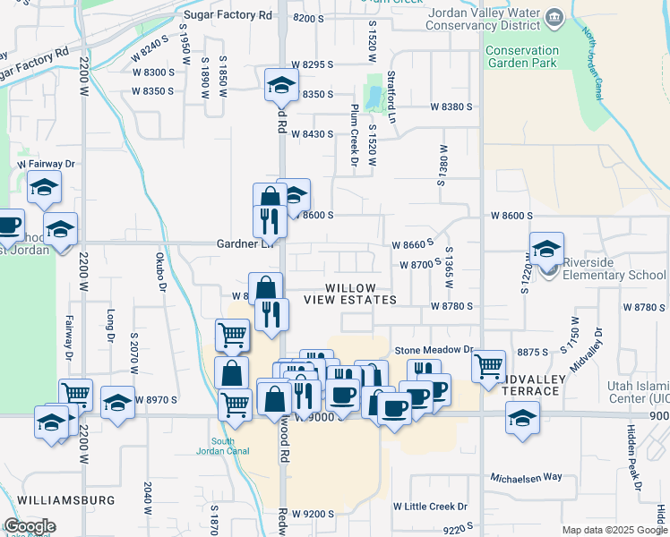 map of restaurants, bars, coffee shops, grocery stores, and more near 8708 Diamond Dove Drive in West Jordan