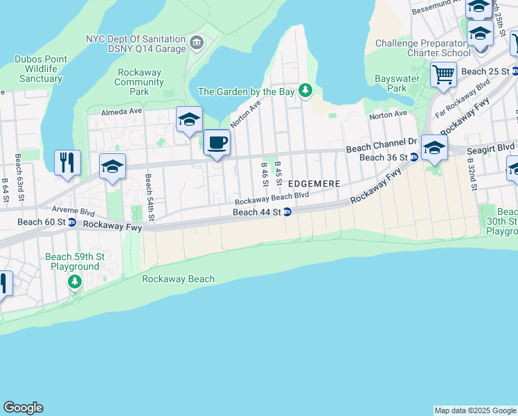 map of restaurants, bars, coffee shops, grocery stores, and more near 210 Beach 47th Street in Queens