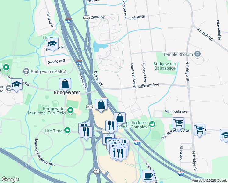 map of restaurants, bars, coffee shops, grocery stores, and more near 117 Woodlawn Avenue in Bridgewater Township