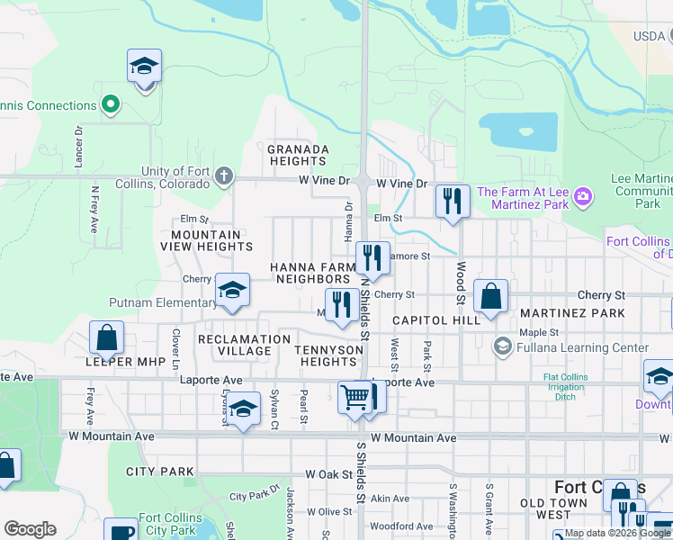 map of restaurants, bars, coffee shops, grocery stores, and more near 403 Pearl Street in Fort Collins