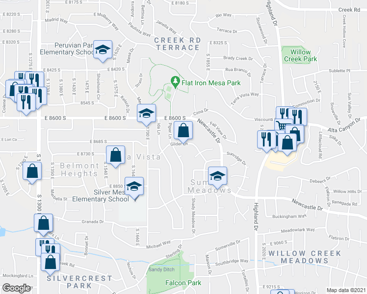 map of restaurants, bars, coffee shops, grocery stores, and more near 1818 Glider Lane in Sandy