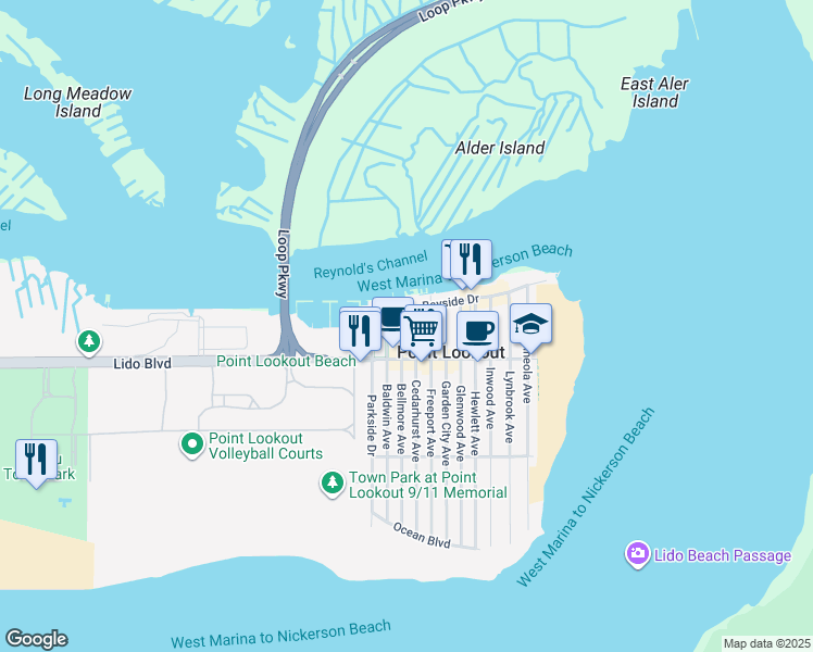 map of restaurants, bars, coffee shops, grocery stores, and more near 12 Bellmore Avenue in Point Lookout