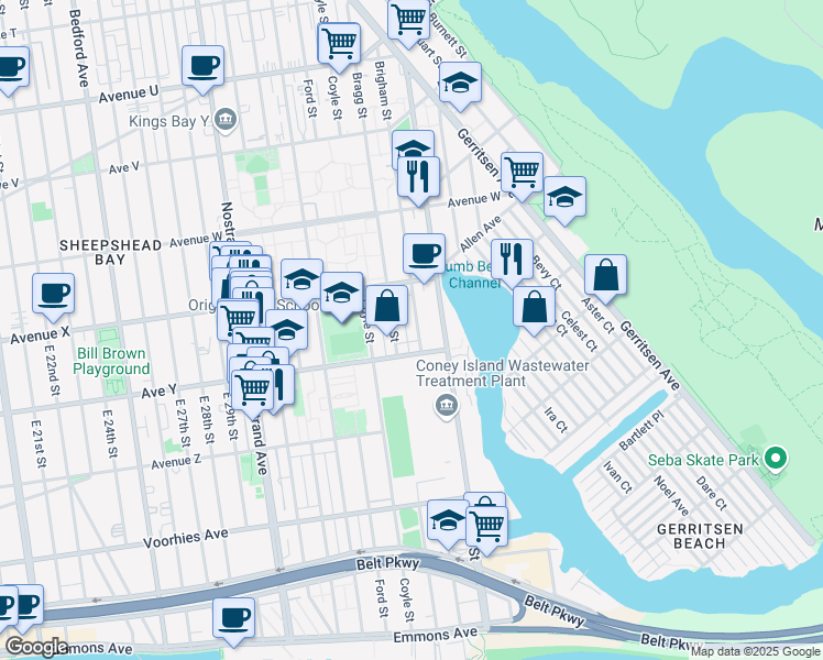 map of restaurants, bars, coffee shops, grocery stores, and more near 2463 Brigham Street in Brooklyn