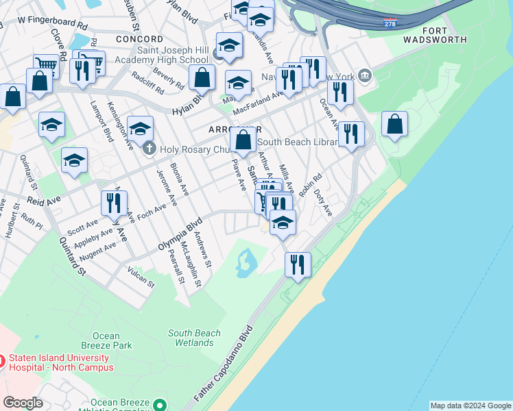 map of restaurants, bars, coffee shops, grocery stores, and more near 266 Sand Lane in Staten Island