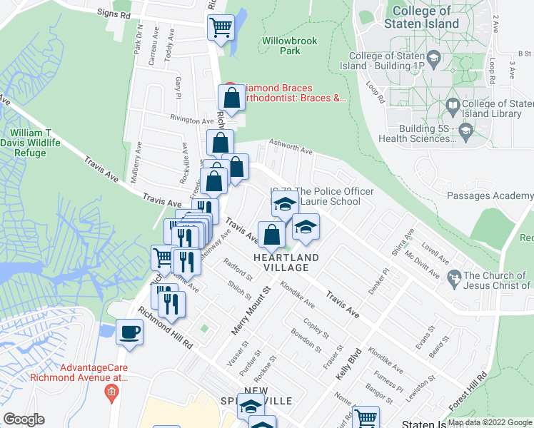 map of restaurants, bars, coffee shops, grocery stores, and more near 21 Gadsen Place in Staten Island