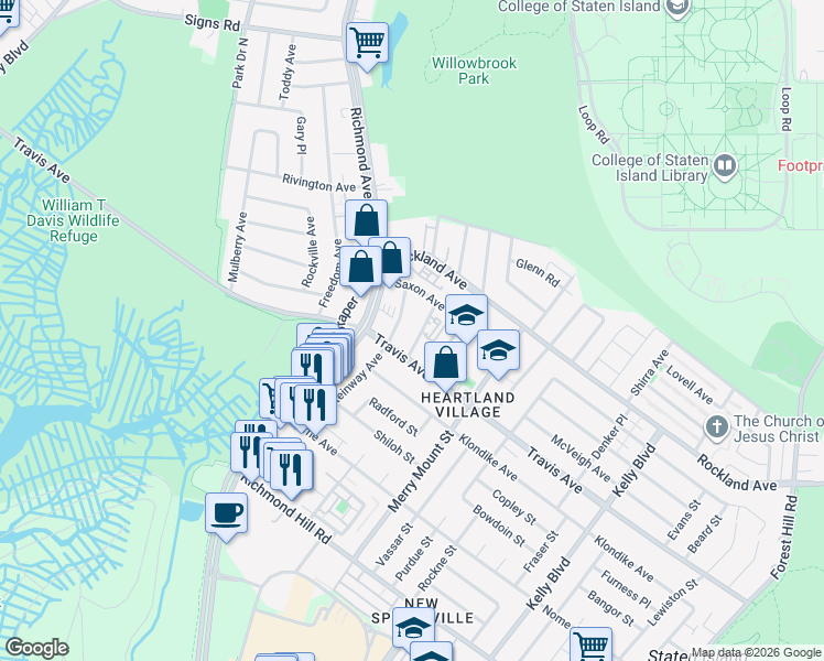 map of restaurants, bars, coffee shops, grocery stores, and more near 21 Gadsen Place in Staten Island