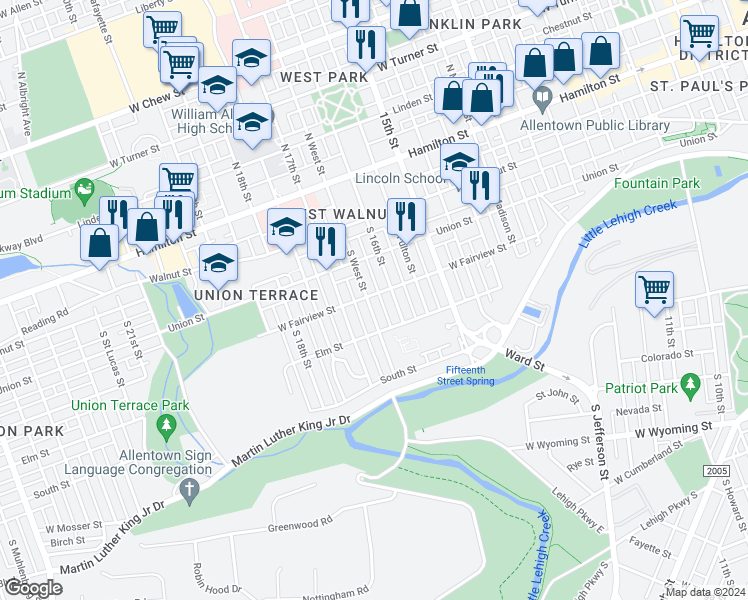 map of restaurants, bars, coffee shops, grocery stores, and more near 301 South West Street in Allentown