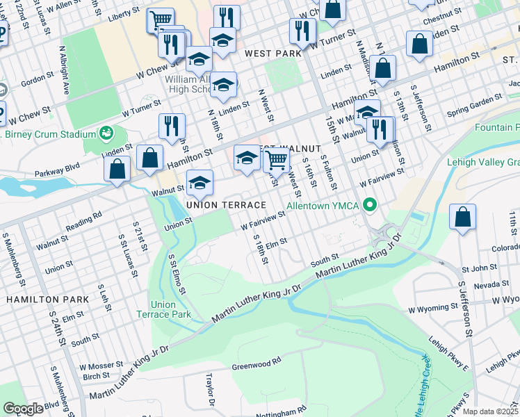 map of restaurants, bars, coffee shops, grocery stores, and more near 222 South Saint Cloud Street in Allentown