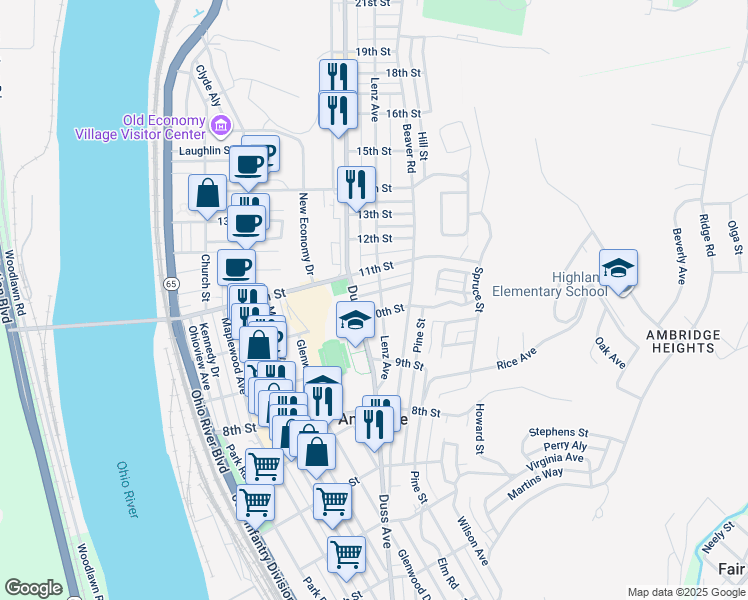 map of restaurants, bars, coffee shops, grocery stores, and more near 1002 Lenz Avenue in Ambridge